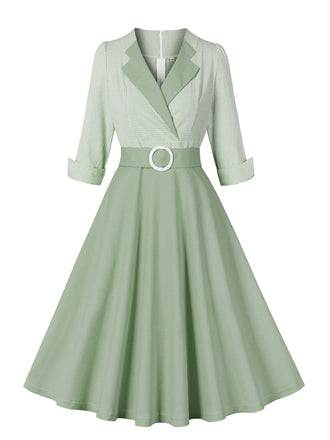 Pea Green Grey 1950s Plaid Roll Up Belt Dress