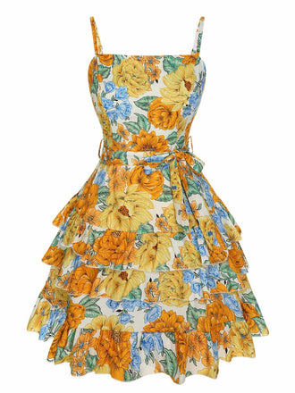 Multicolor 1980s Floral Layered Strap Dress
