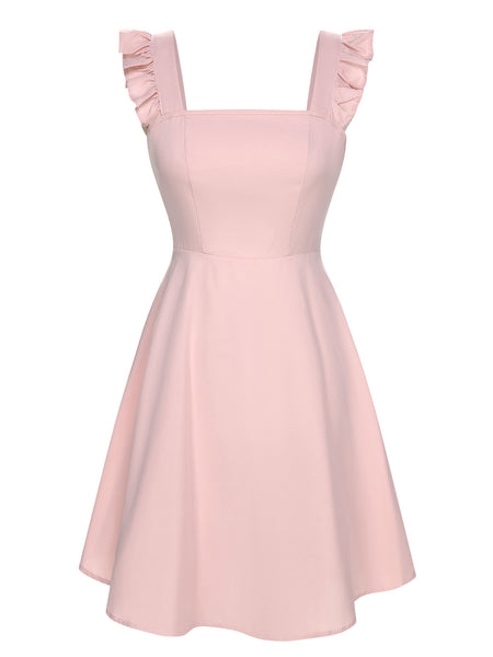 Pink 1950s Solid Ruffle Sleeveless Dress
