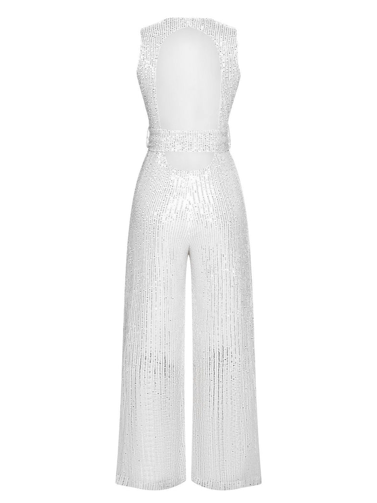 Silver 1930s Solid Sequined Backless Jumpsuit
