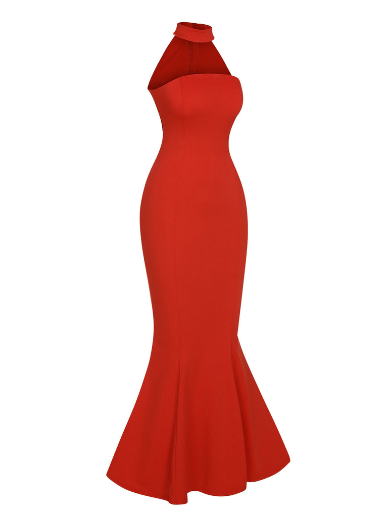 Retro 1930s Solid Halter Mermaid Dress
