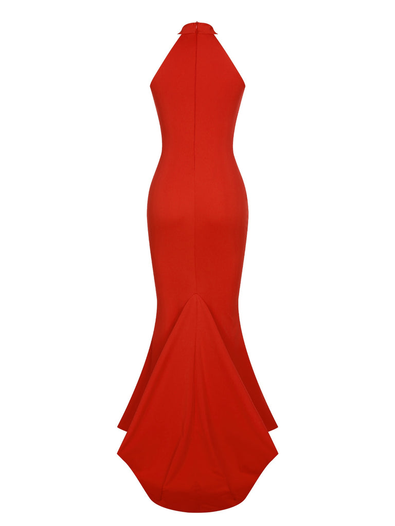 Retro 1930s Solid Halter Mermaid Dress