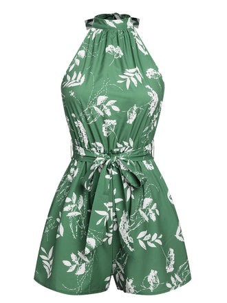Green 1960s Halter Plants Belted Romper