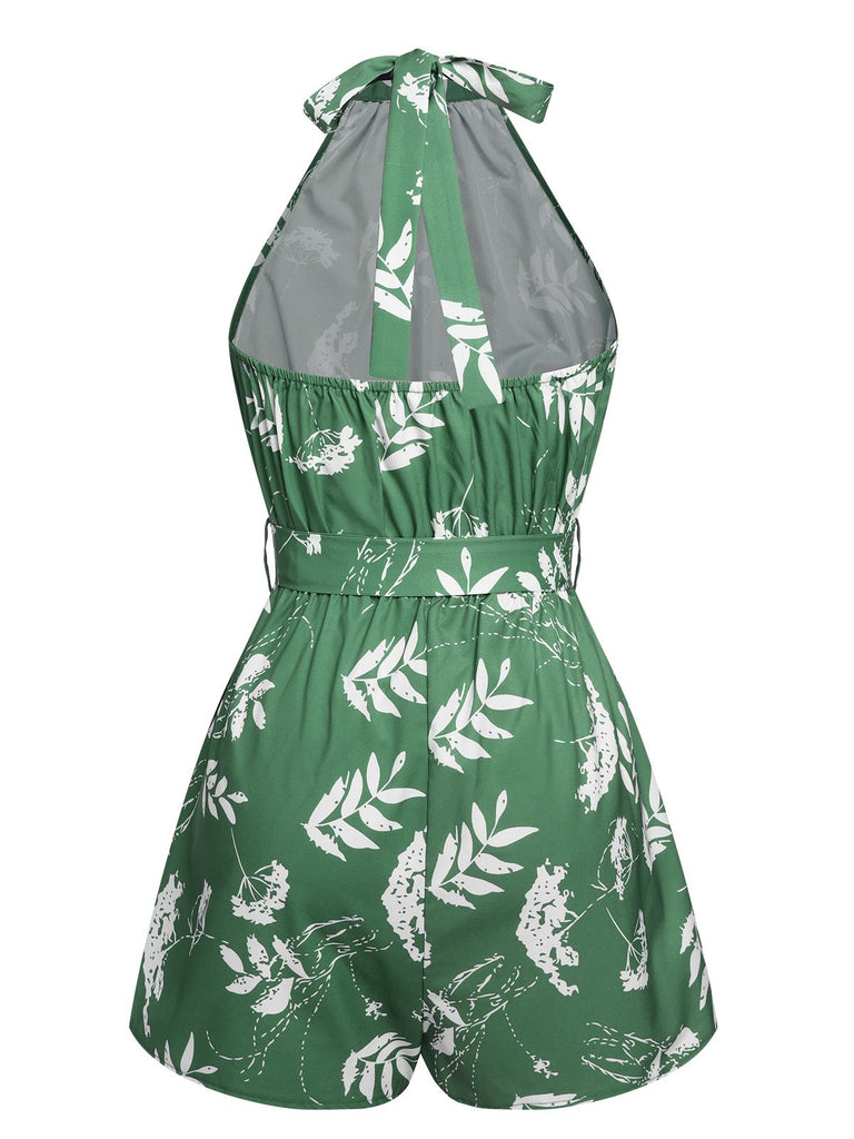 Green 1960s Halter Plants Belted Romper