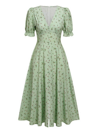 Green 1940s V-Neck Floral Lantern Sleeves Dress