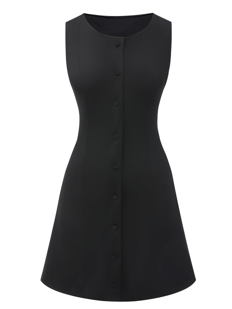 Black 1960s Solid Button Sleeveless Dress