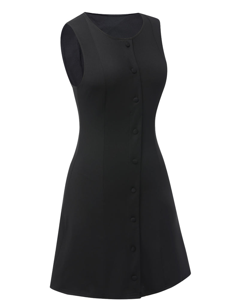 Black 1960s Solid Button Sleeveless Dress