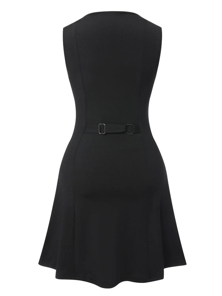 Black 1960s Solid Button Sleeveless Dress