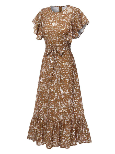 Camel Color 1940s Polka Dots Ruffles Dress | Retro Stage