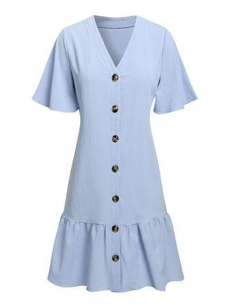 Light Blue 1970s V-Neck Ruffle Hem Dress