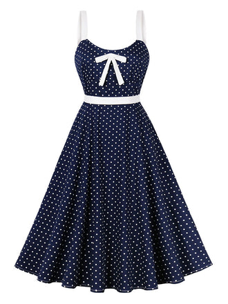 Blue 1940s Strap Polka Dot Bow Belted Dress