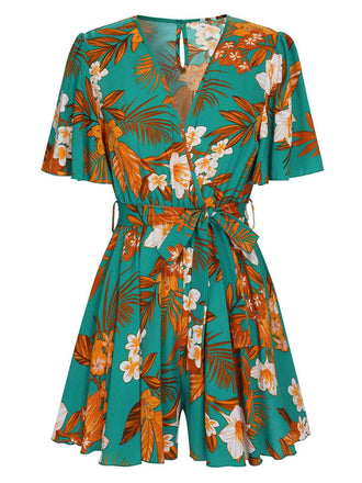 Green 1970s V-Neck Ruffle Sleeves Romper