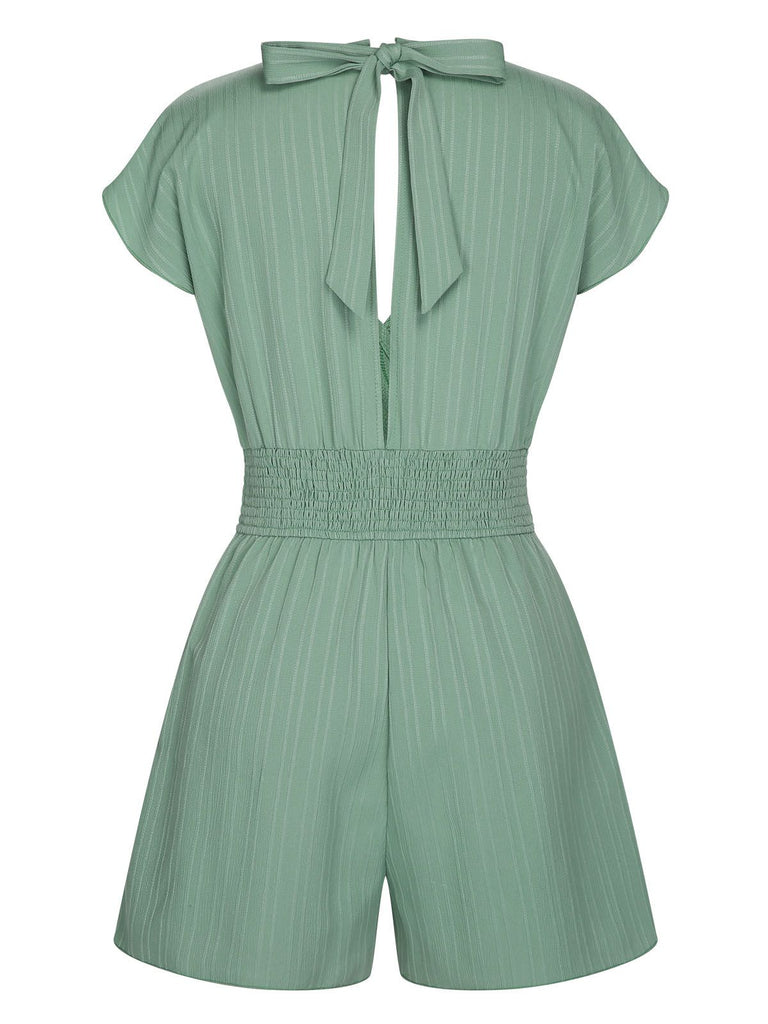 Green 1950s V-Neck Smocked Cap Sleeves Romper