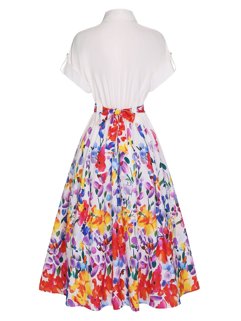 White 1940s Floral Shirt Collar Belt Dress