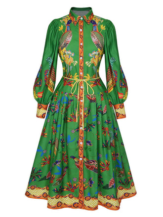 Green 1940s Peacock Lantern Sleeve Shirt Dress