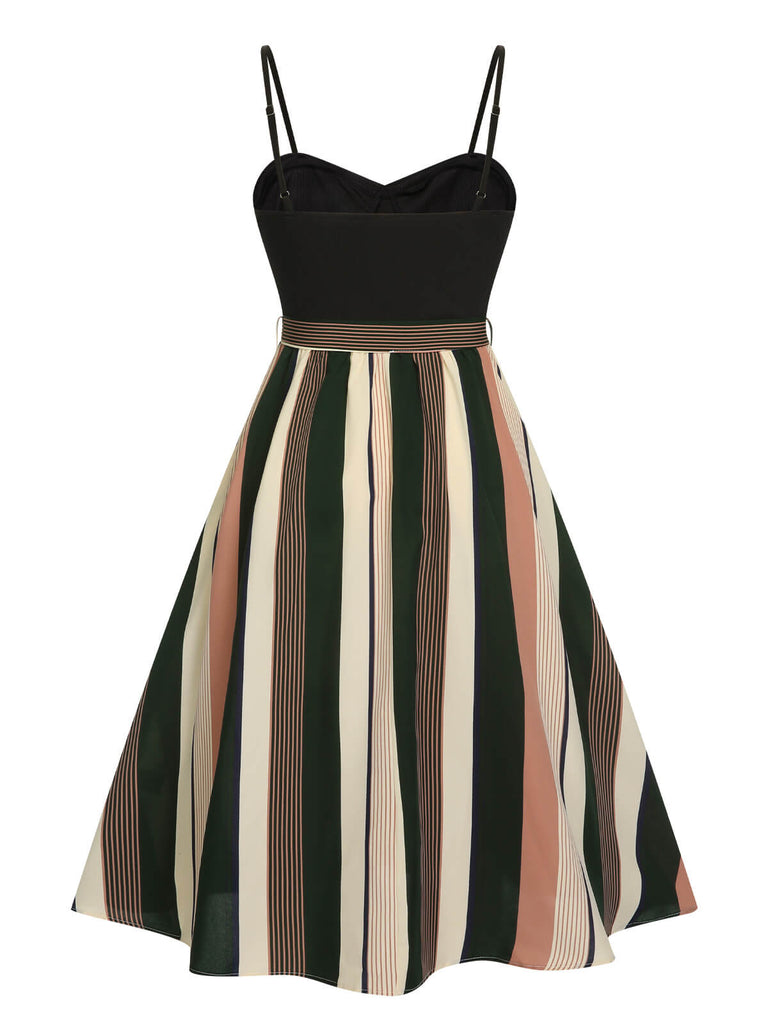 Black 1940s Waist Tie Stripe Straps Dress