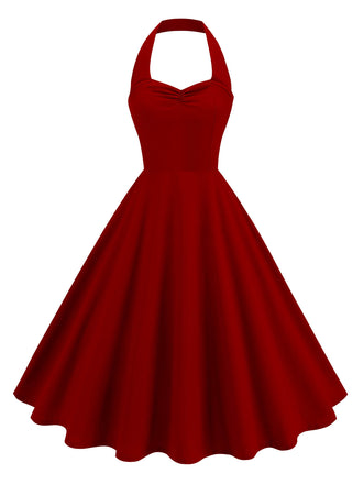 1950s Solid Sweetheart Neck Halter Dress