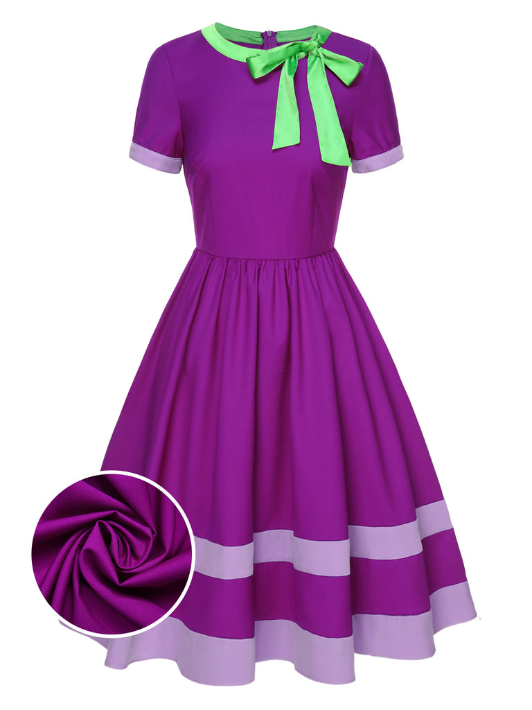 Purple 1950s Solid Spliced Tie Neck Dress Retro Stage