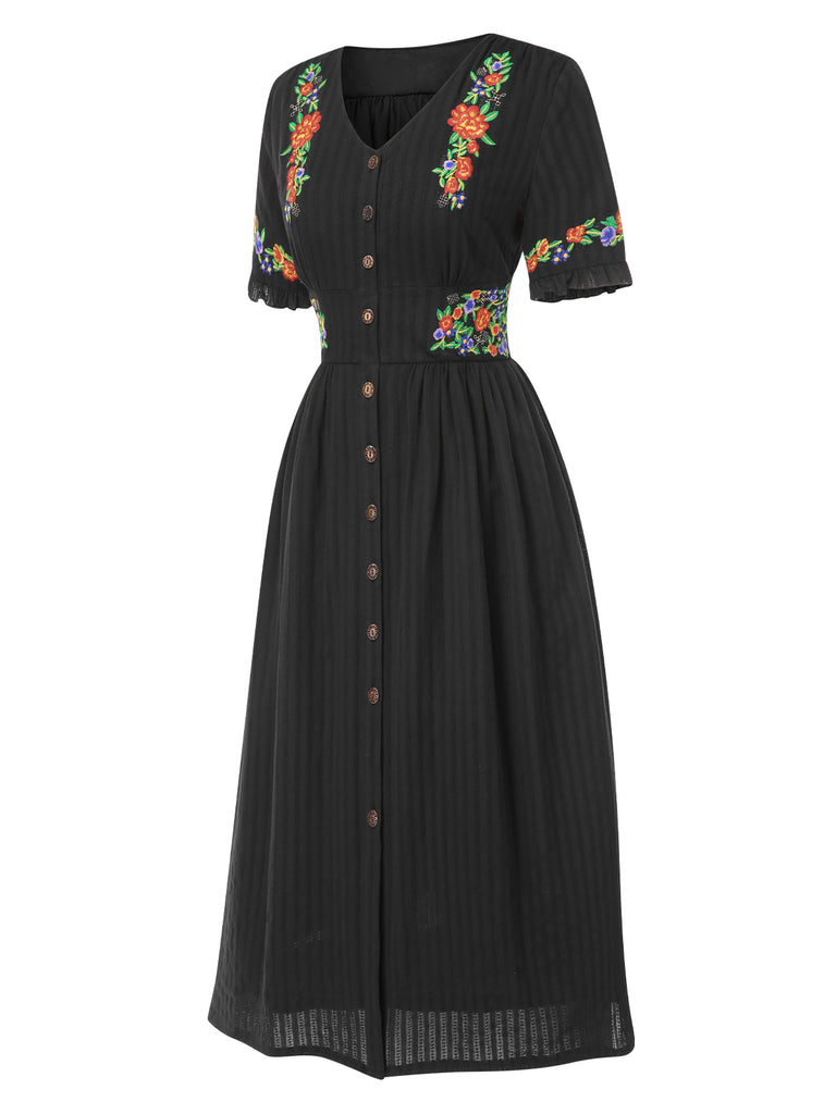Pure Cotton Beige 1940s V-Neck Floral Dress