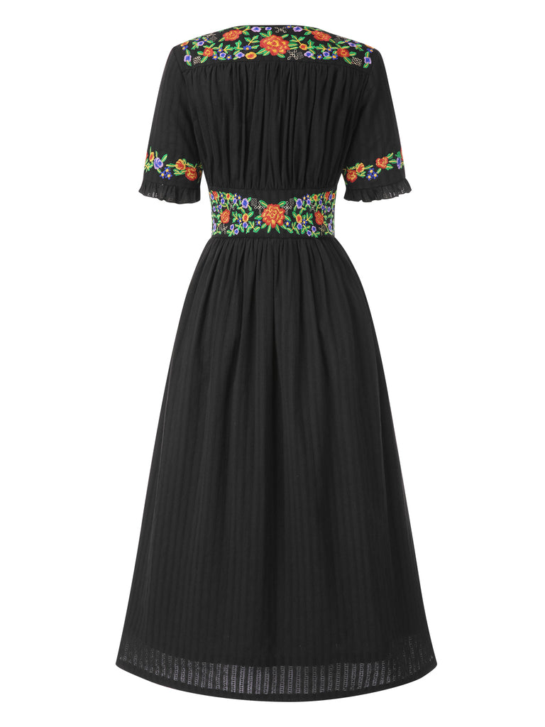 Pure Cotton Beige 1940s V-Neck Floral Dress