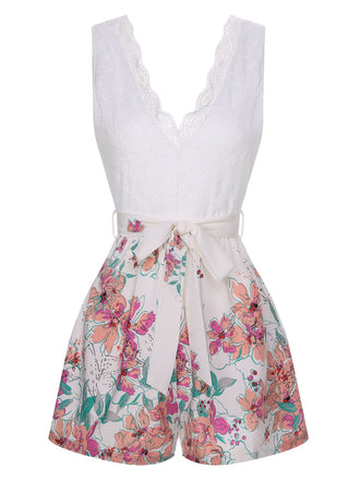 White 1940s Cotton Floral Lace V-Neck Romper