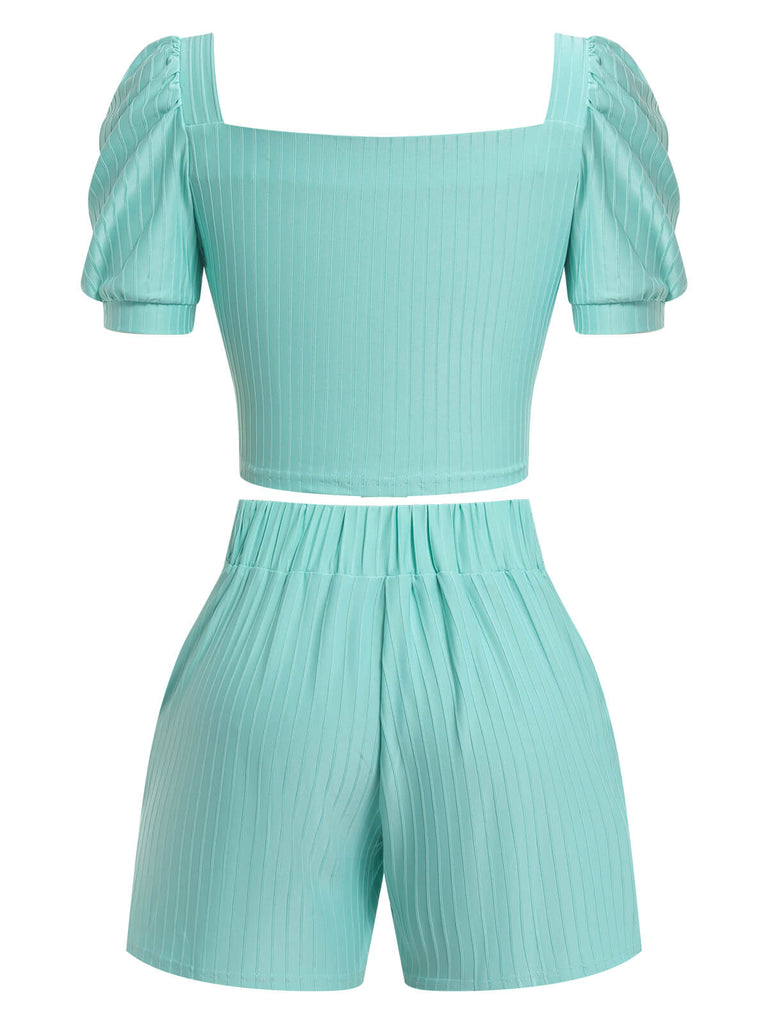 2PCS 1950s Solid Puff Sleeved Top & Shorts With Belt