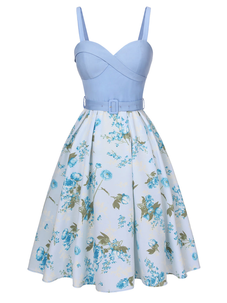 Blue 1950s Spaghetti Strap Floral Belted Dress