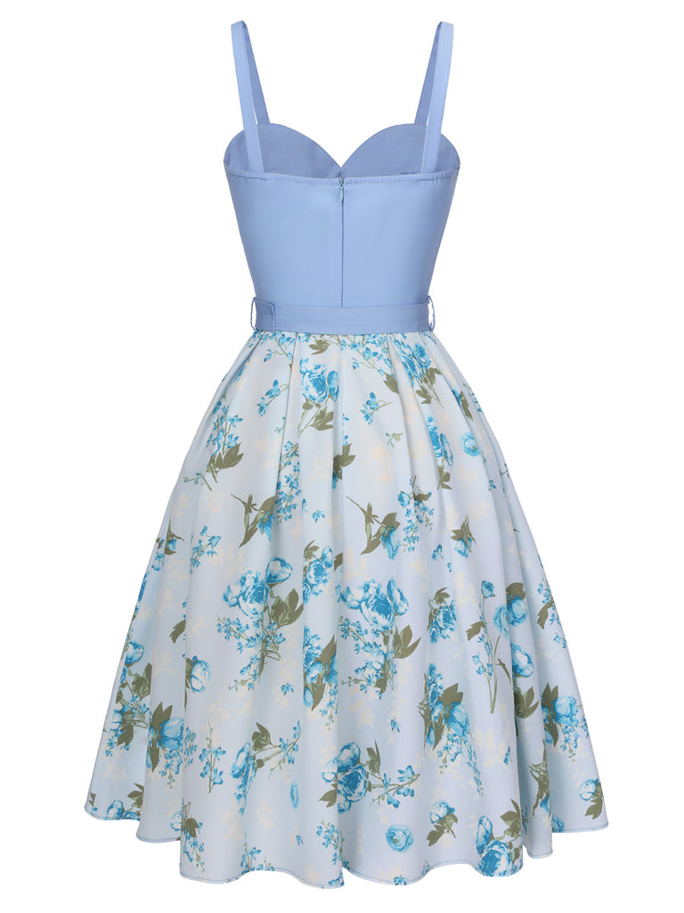 Blue 1950s Spaghetti Strap Floral Belted Dress