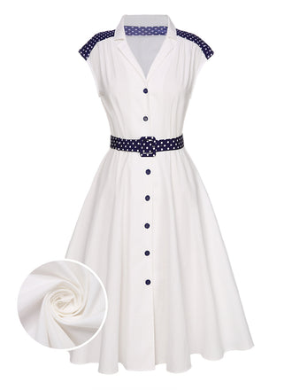 [US Warehouse] White 1940s Lapel Polka Dots Patchwork Dress
