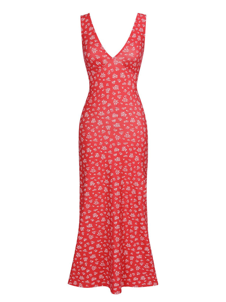 Red 1960s V-Neck Ditsy Floral Dress