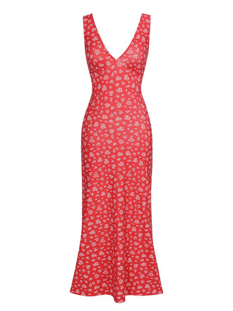 Red 1960s V-Neck Ditsy Floral Dress