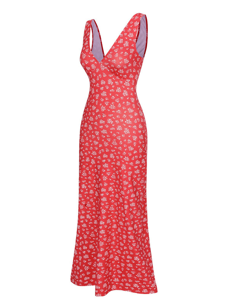 Red 1960s V-Neck Ditsy Floral Dress