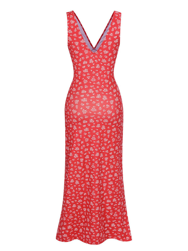 Red 1960s V-Neck Ditsy Floral Dress