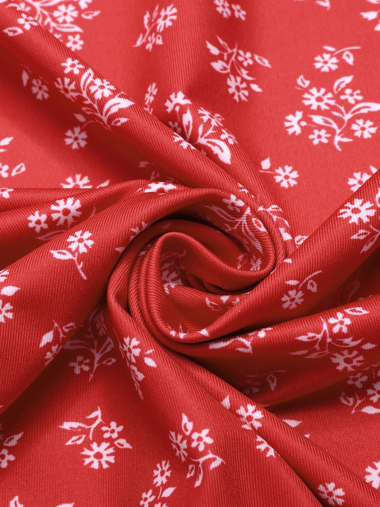 Red 1960s V-Neck Ditsy Floral Dress