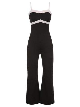 Black 1930s Spaghetti Straps Colorblock Jumpsuit