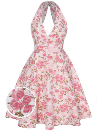 [Plus Size] Pink 1950s Floral V-Neck Dress