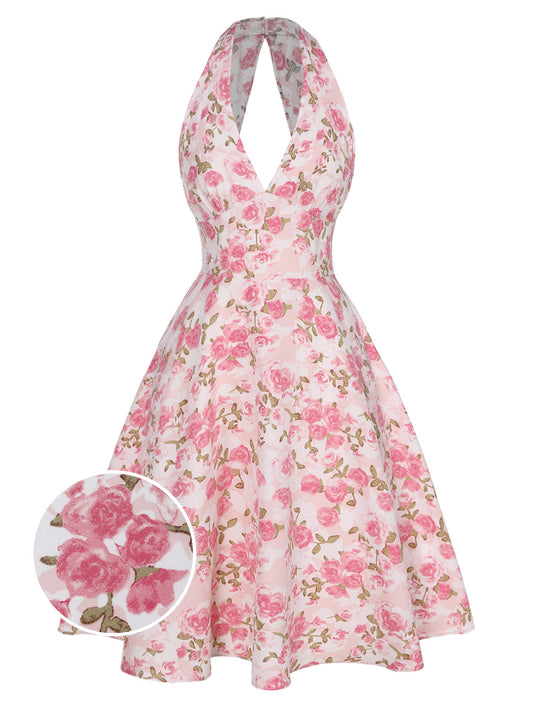 Pink 1950s Floral V-Neck Dress