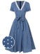 Dark Blue 1930s V-Neck Polka Dots Belted Dress