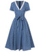 Dark Blue 1930s V-Neck Polka Dots Belted Dress