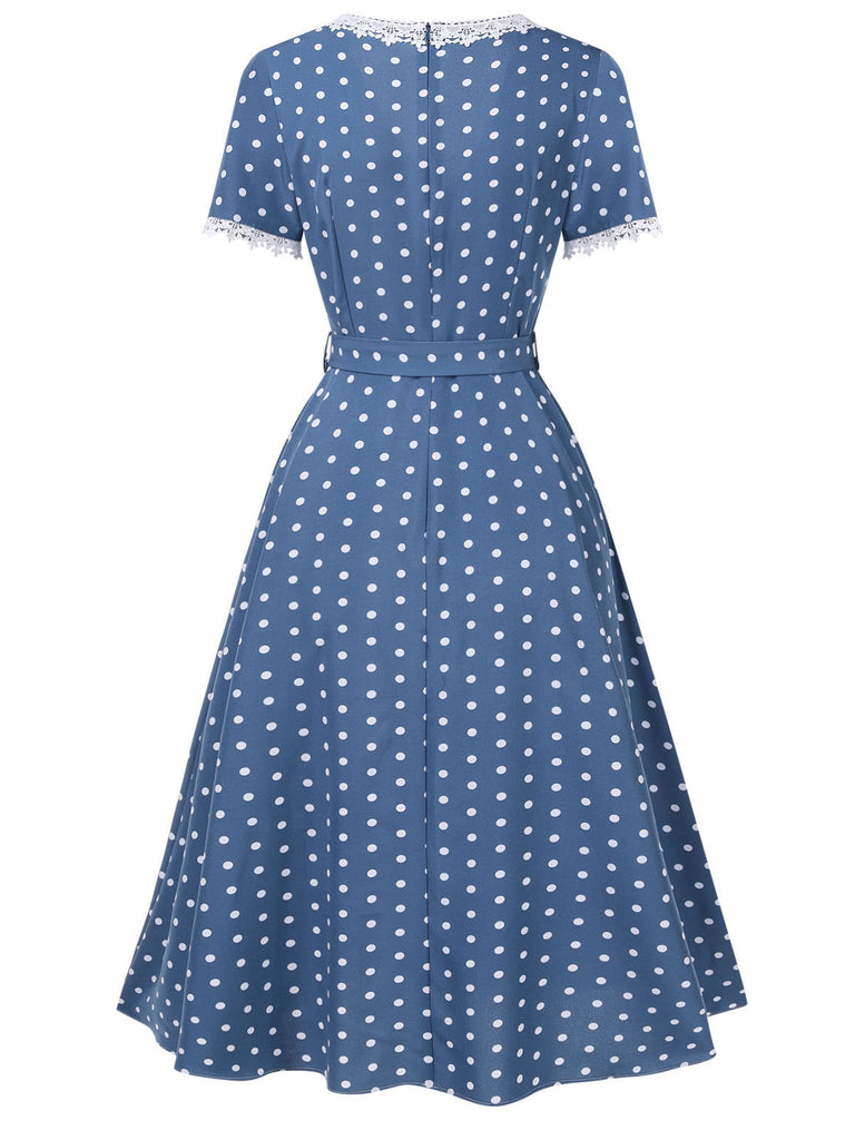 Dark Blue 1930s V-Neck Polka Dots Belted Dress