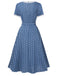Dark Blue 1930s V-Neck Polka Dots Belted Dress