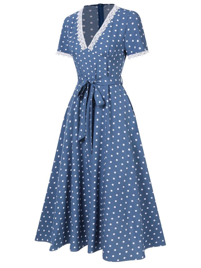 Dark Blue 1930s V-Neck Polka Dots Belted Dress