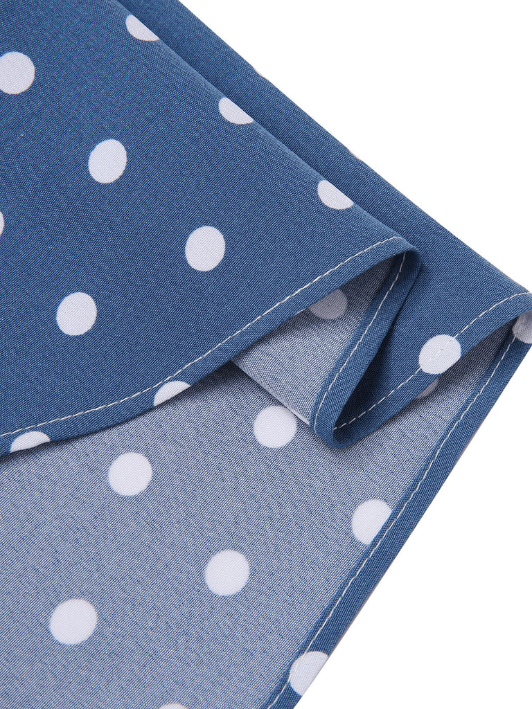 Dark Blue 1930s V-Neck Polka Dots Belted Dress
