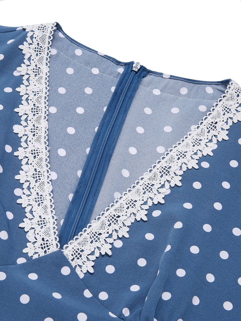 Dark Blue 1930s V-Neck Polka Dots Belted Dress