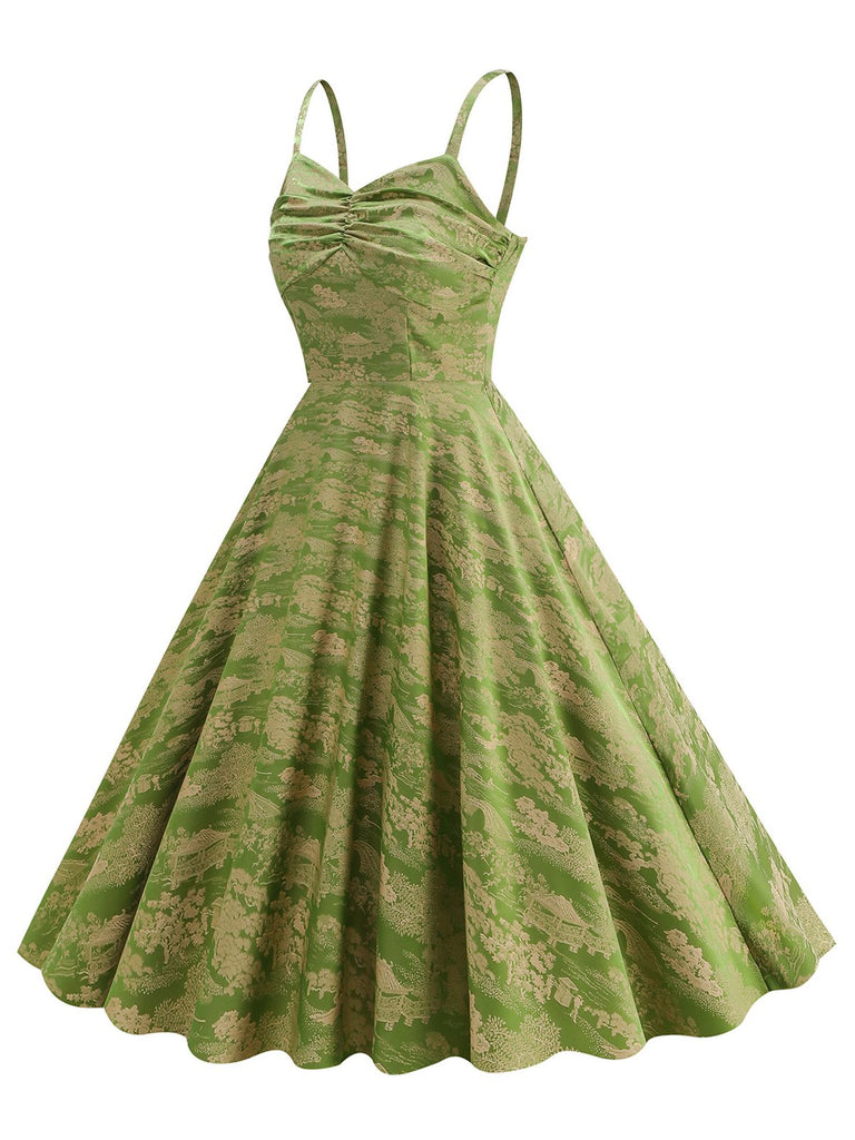 Green 1950s Floral Suspender Swing Dress