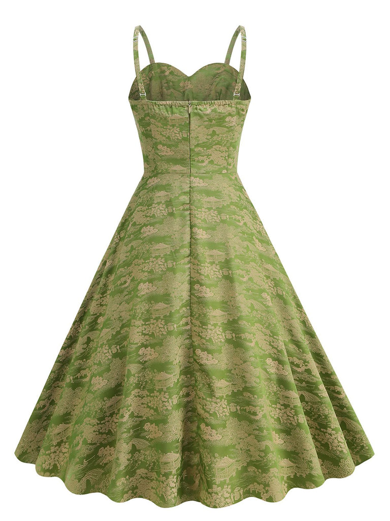 Green 1950s Floral Suspender Swing Dress