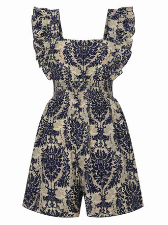 1970s Baroque Prints Square Neck Ruffles Romper