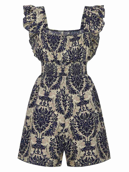 1970s Baroque Prints Square Neck Ruffles Romper | Retro Stage