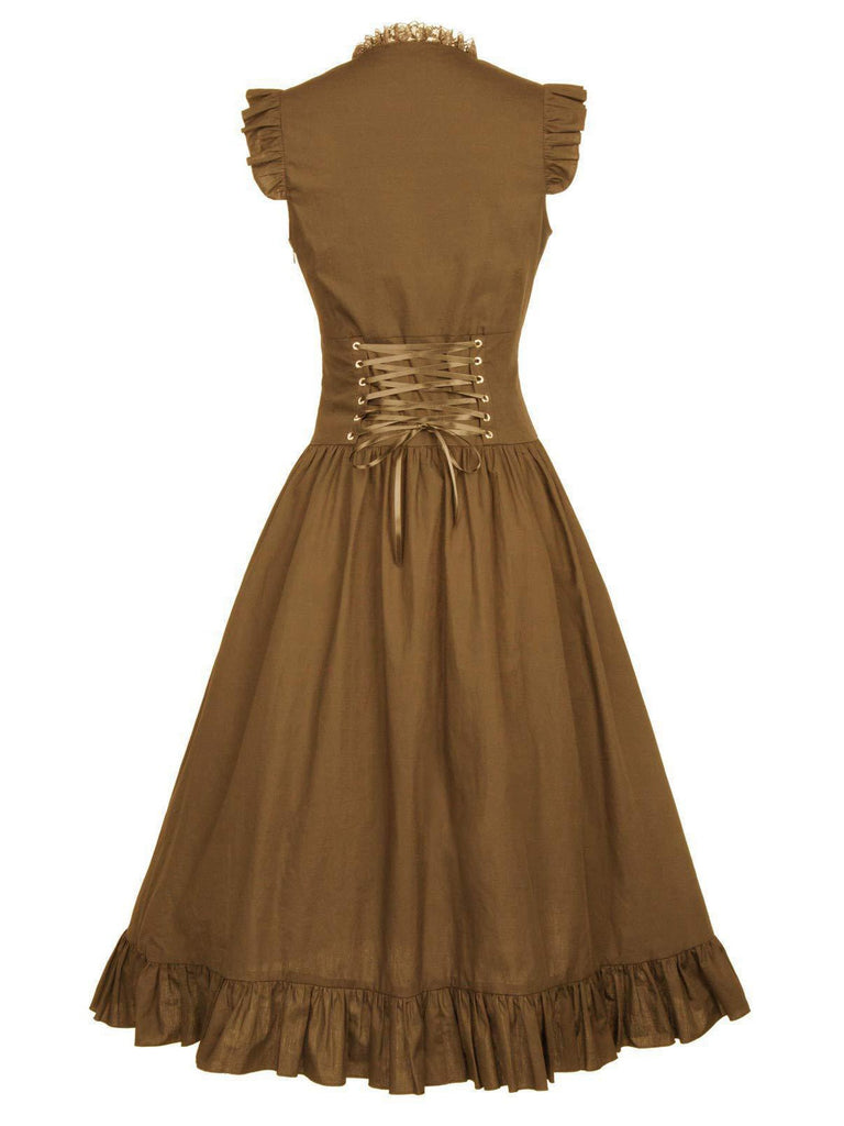 1930s Solid Ruffles Square Neck Steampunk Dress