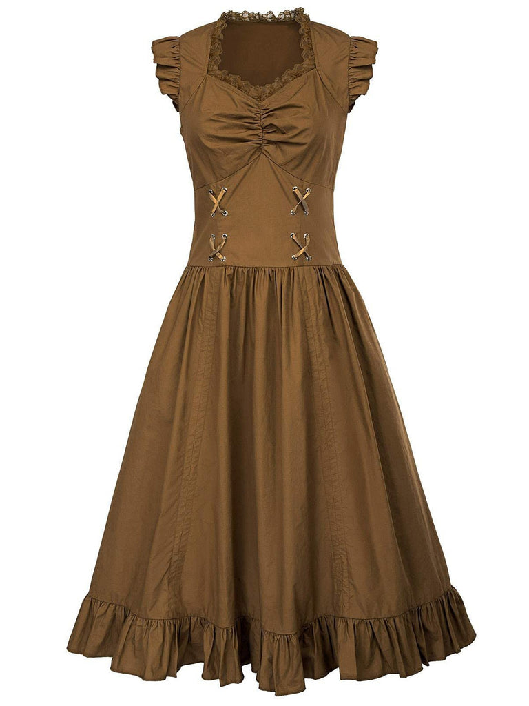 1930s Solid Ruffles Square Neck Steampunk Dress